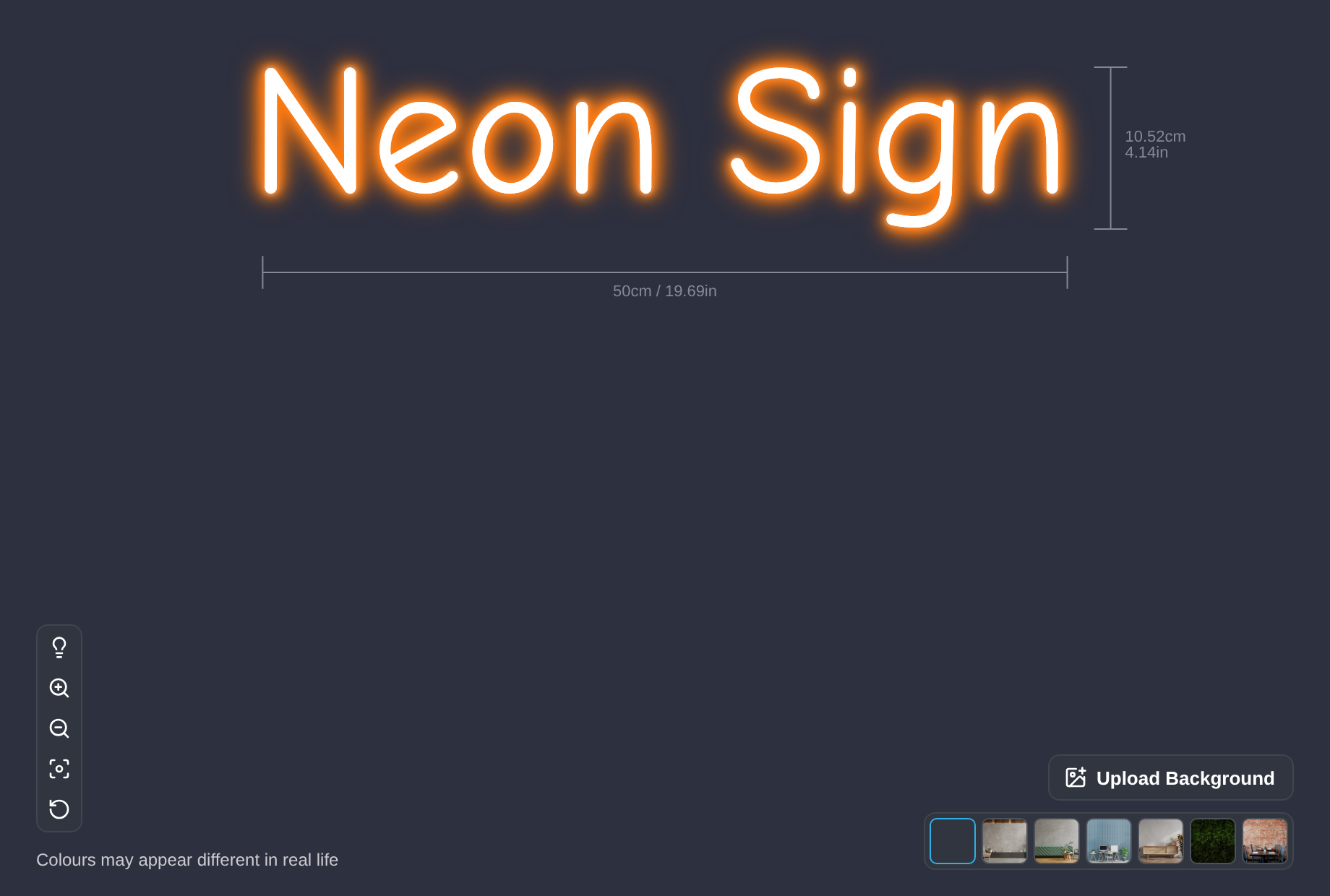 The customer visualiser for a neon sign with the light bulb button in the tool bar at the bottom left