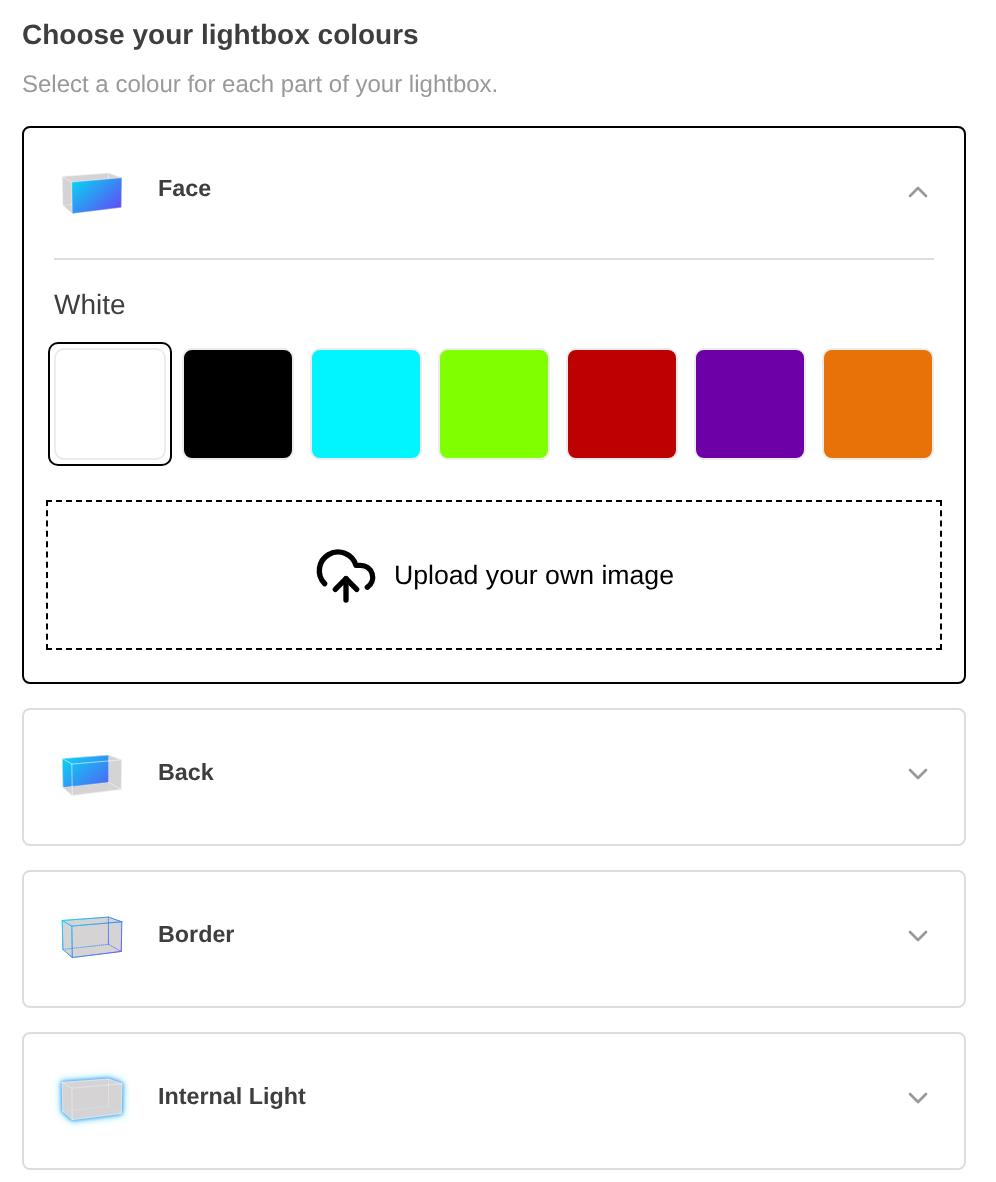 The Choose your lightbox colours step for a lightbox with Back switched on, with cards for Face, Back, Border and Internal Light.