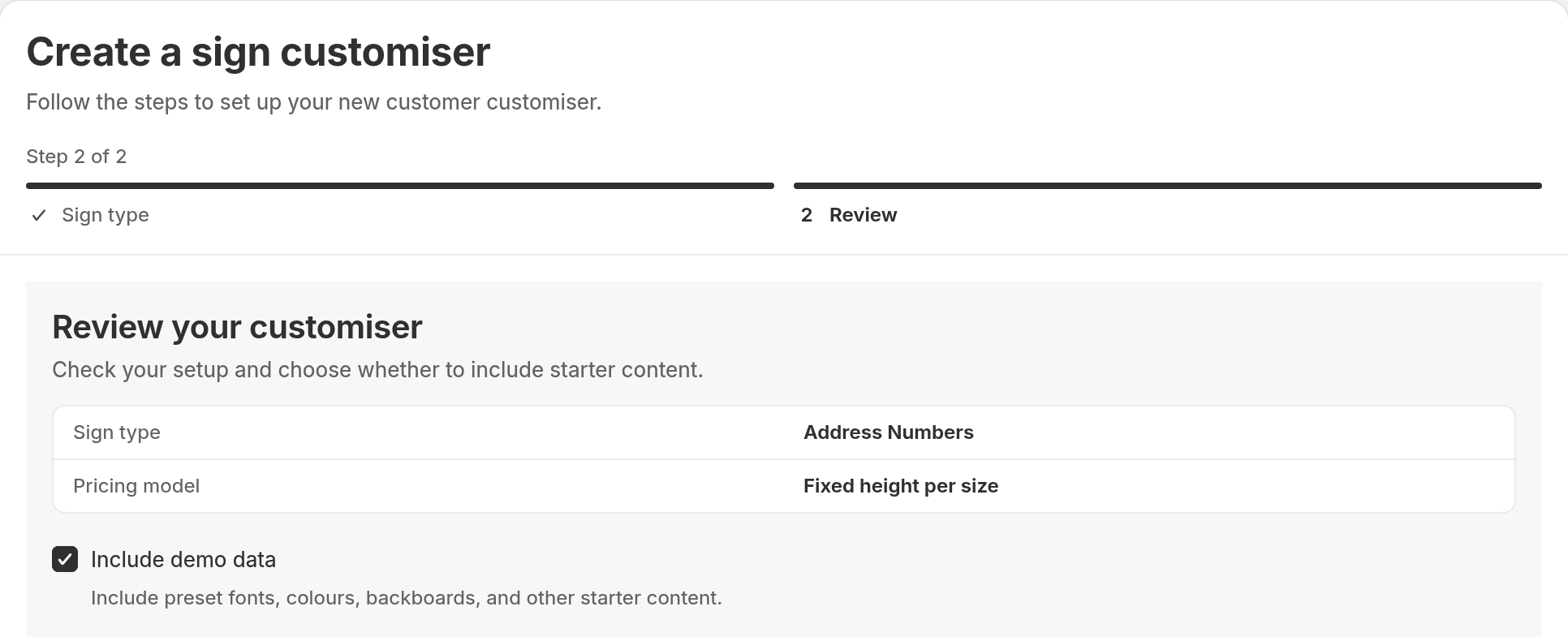 Review your customiser step showing Sign type Address Numbers and Pricing model Fixed height per size