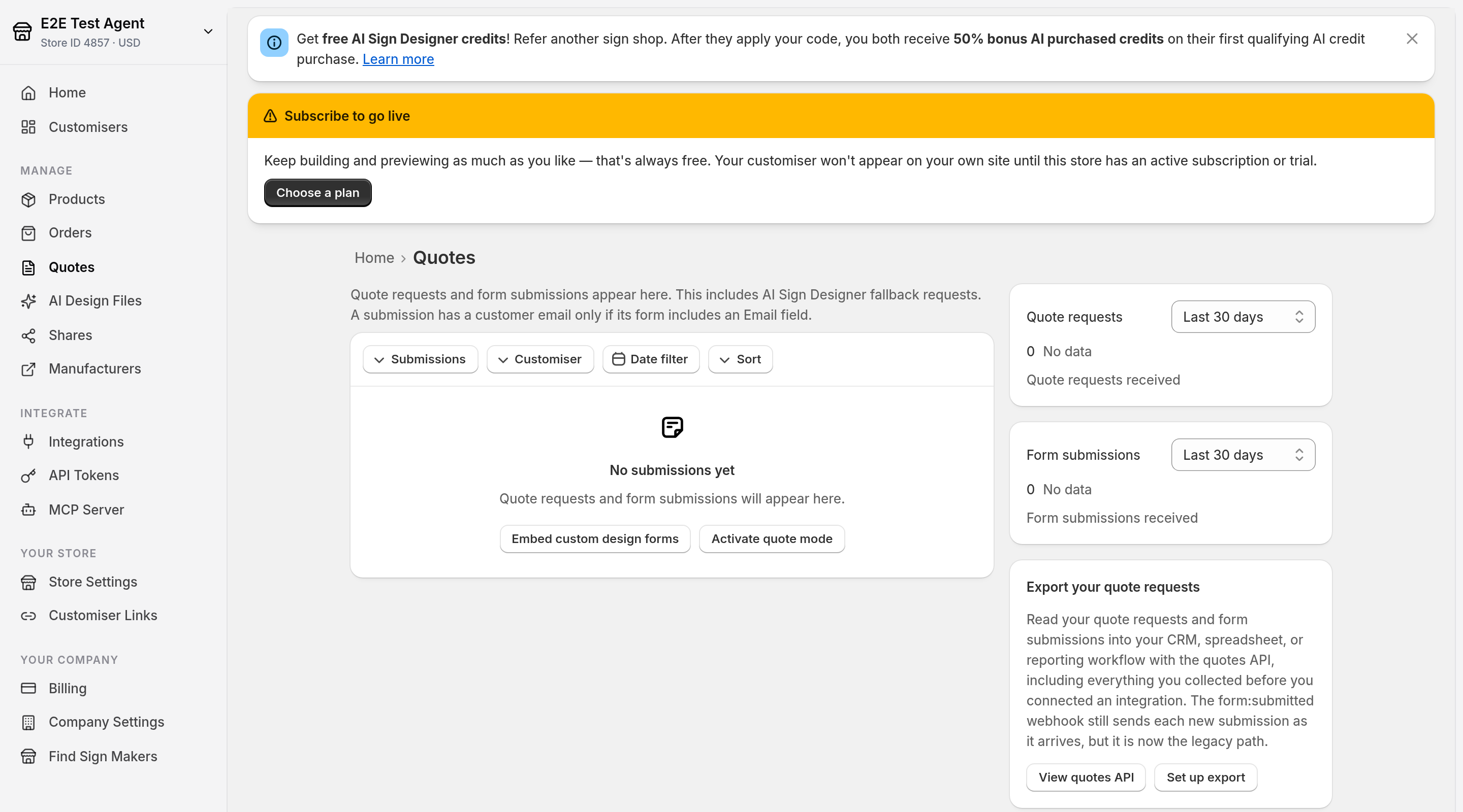 The Quotes page in the Sign Customiser admin with the Submissions, Customiser, Date filter and Sort filters above the submission list