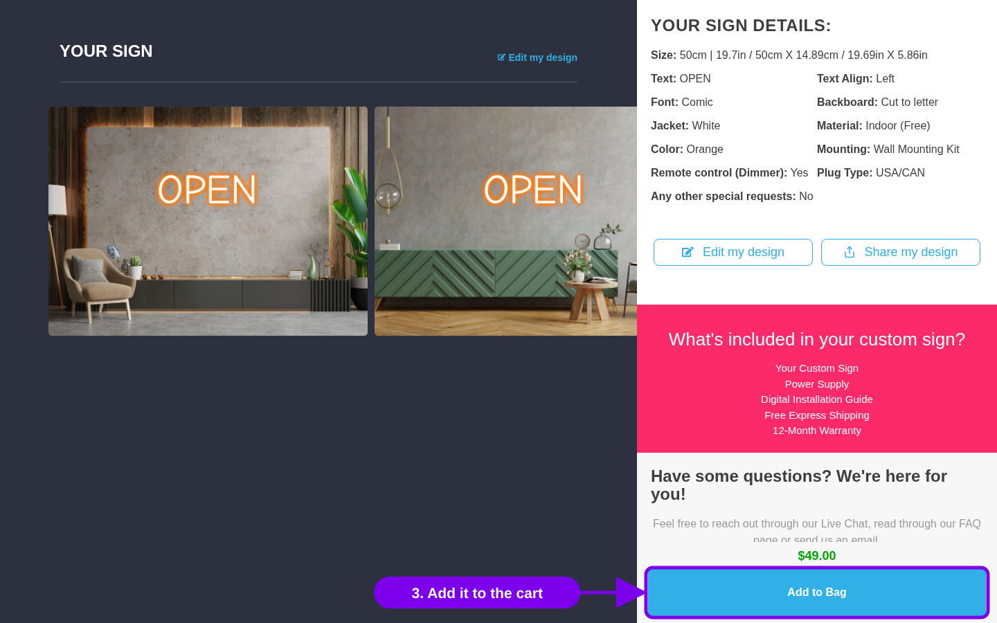 The review step of the demo customiser with the add-to-cart button marked