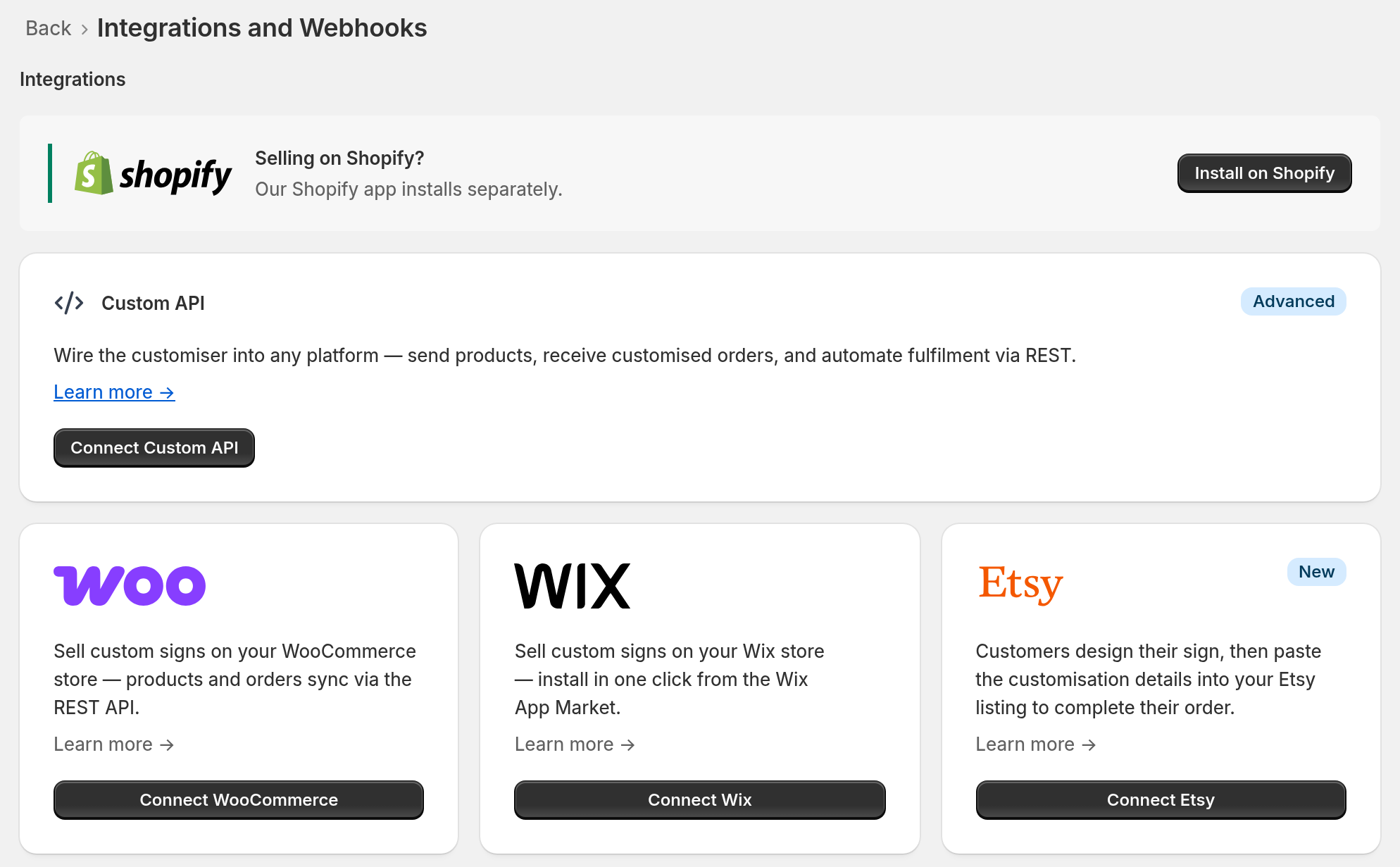The Integrations and Webhooks page in Sign Customiser with the Wix card and the Connect Wix button