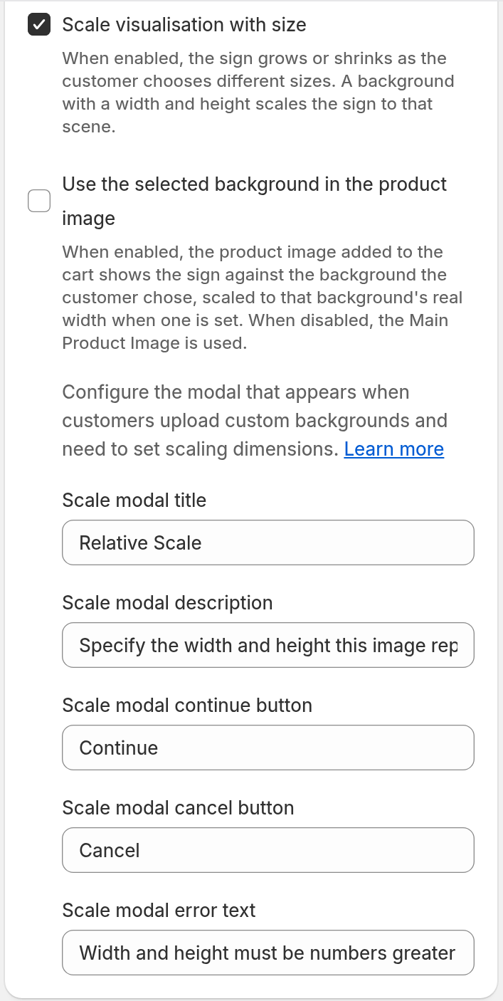 Part of the Visualiser Scaling card in the merchant admin. Scale visualisation with size is selected. Use the selected background in the product image is cleared. Below them are the text fields Scale modal title, Scale modal description, Scale modal continue button, Scale modal cancel button and Scale modal error text.