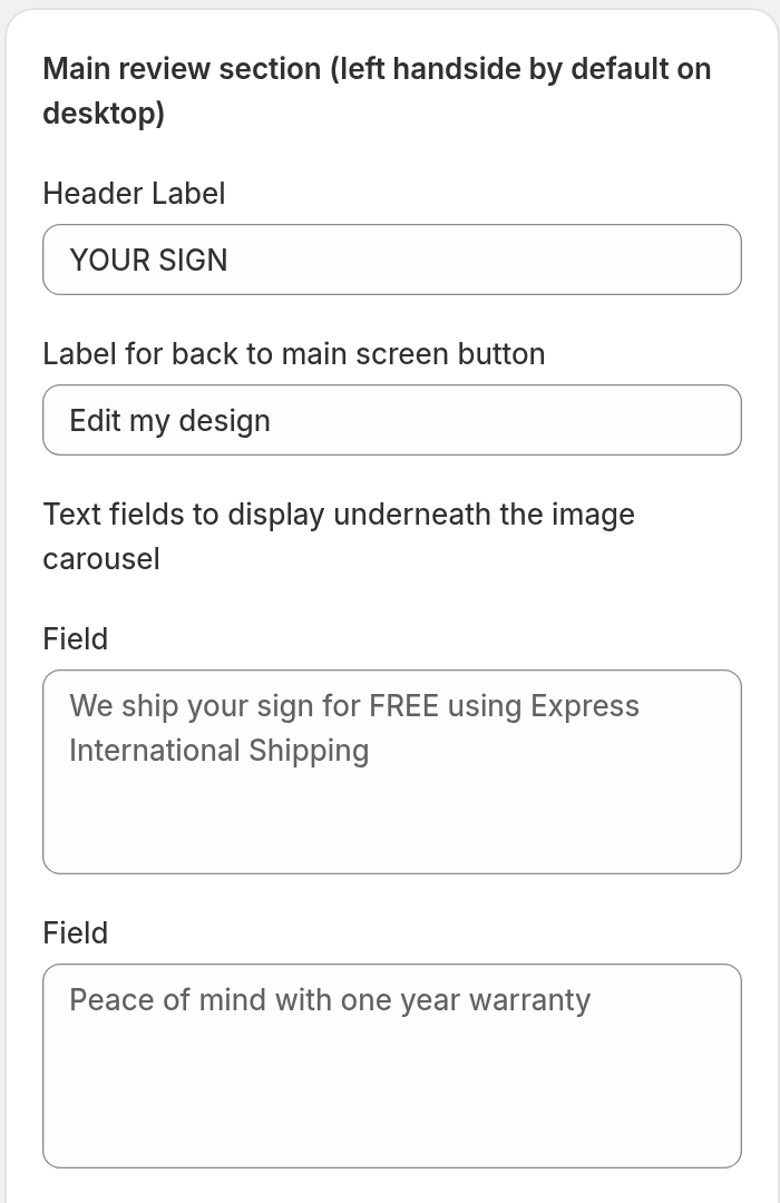 The Main review section in the Review Screen page with the Header Label, back button label and carousel text fields.