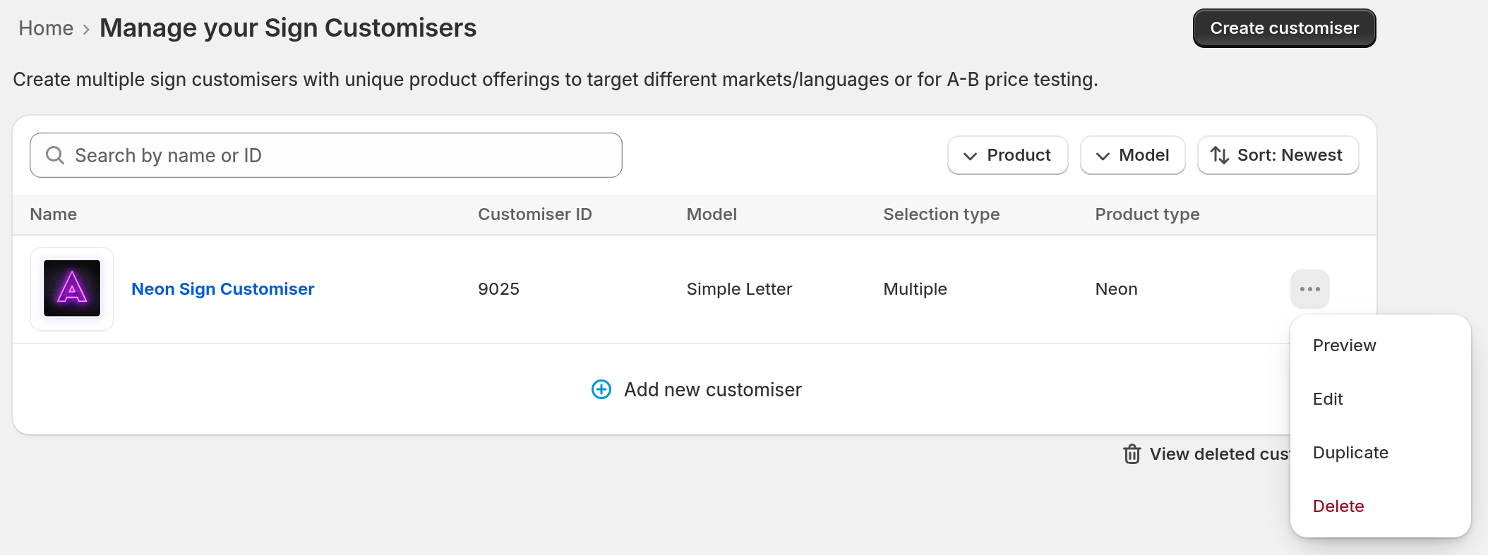 The Customisers list with the three-dots menu open on a row, showing Preview, Edit, Duplicate and Delete