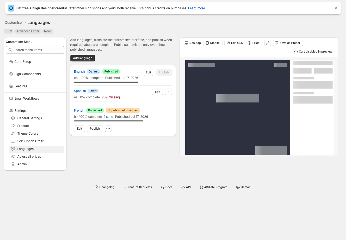 Languages page showing English and French translation status for one customiser