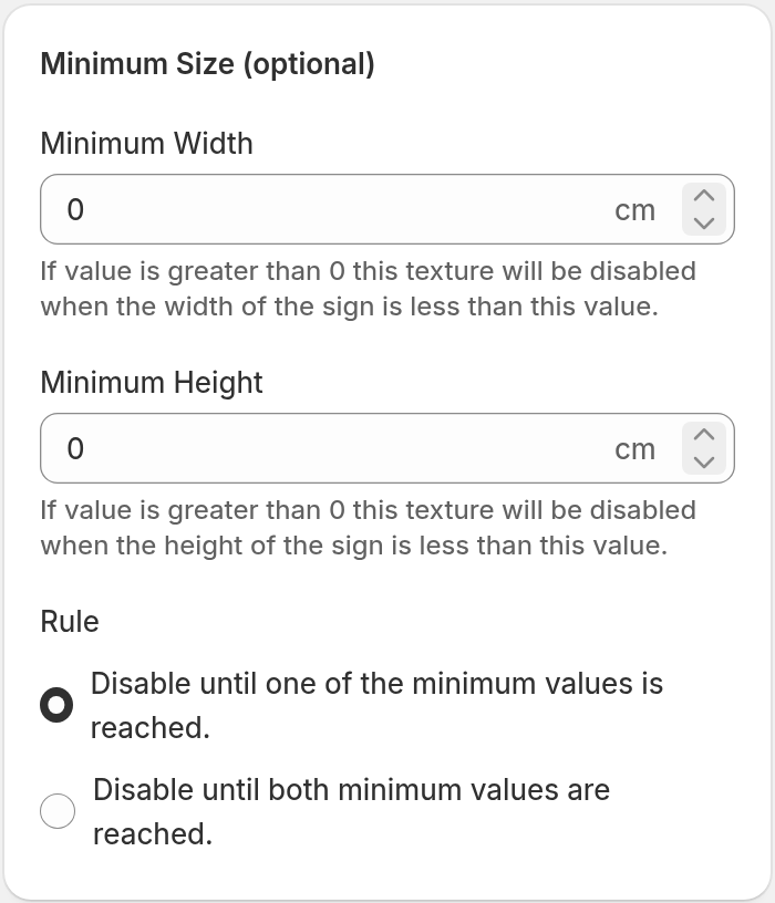 The Minimum Size card with Minimum Width, Minimum Height and the Rule choices