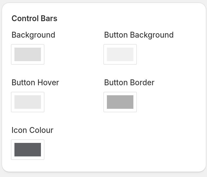 The Control Bars section of the Colour Scheme page with five colour fields