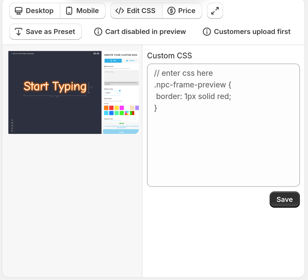 The customiser preview toolbar with Edit CSS, the Custom CSS text box and the Save button on the right