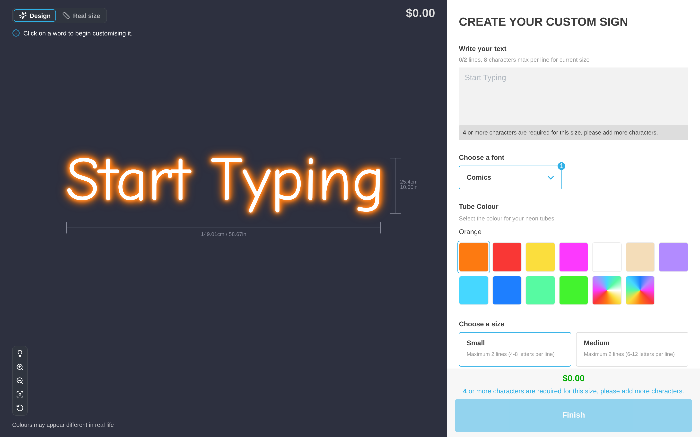 The customer customiser showing a neon sign preview with the text input and size options