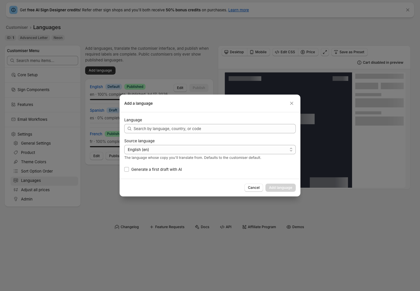 Add a language dialog with language search, source language and AI first-draft option