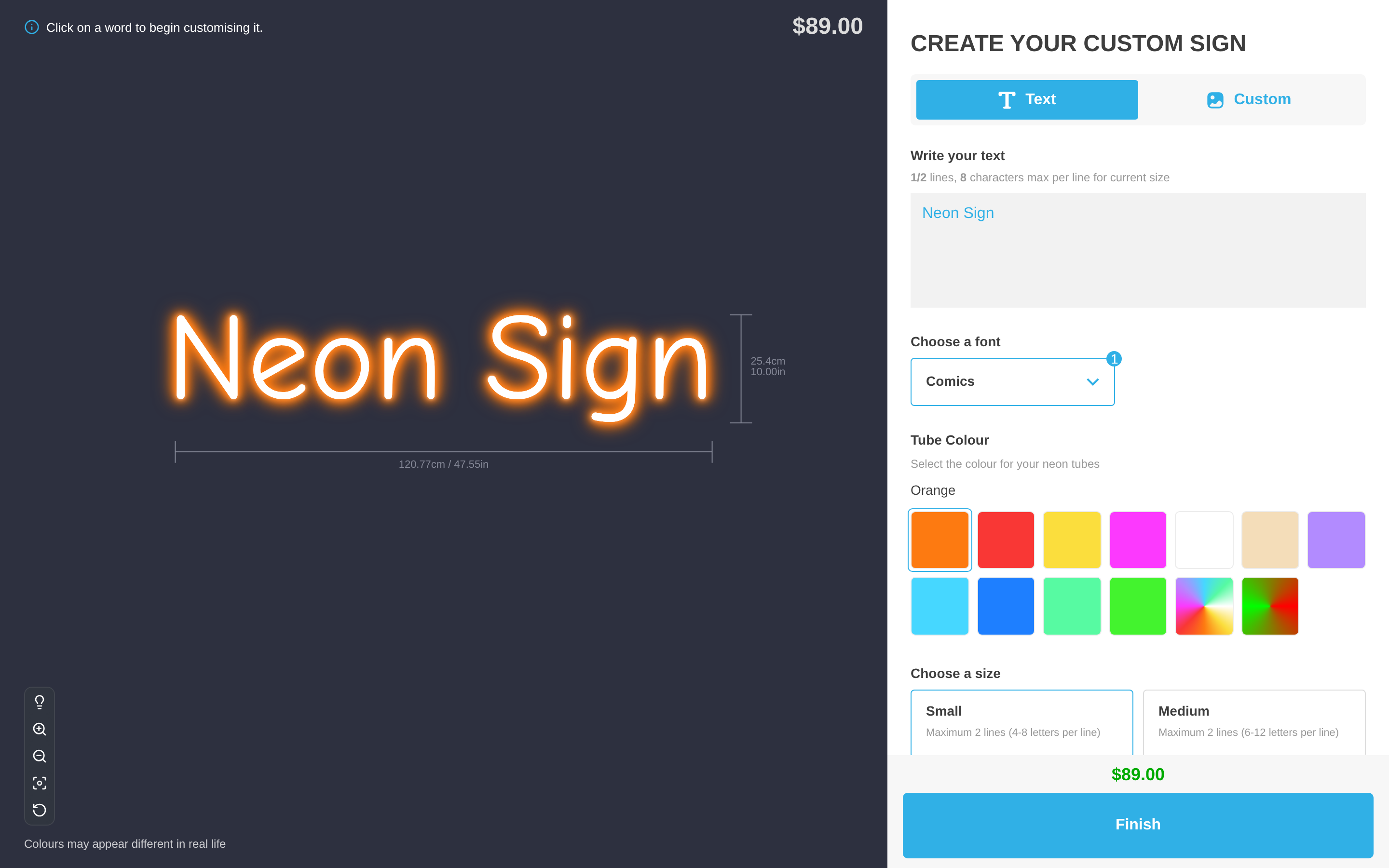 The Sign Customiser in preview, showing the sign preview, the text and font options, and the price box above the Finish button.