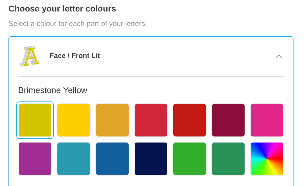 Customer customiser showing the Choose your letter colours heading with the Face / Front Lit card open and its colour swatches