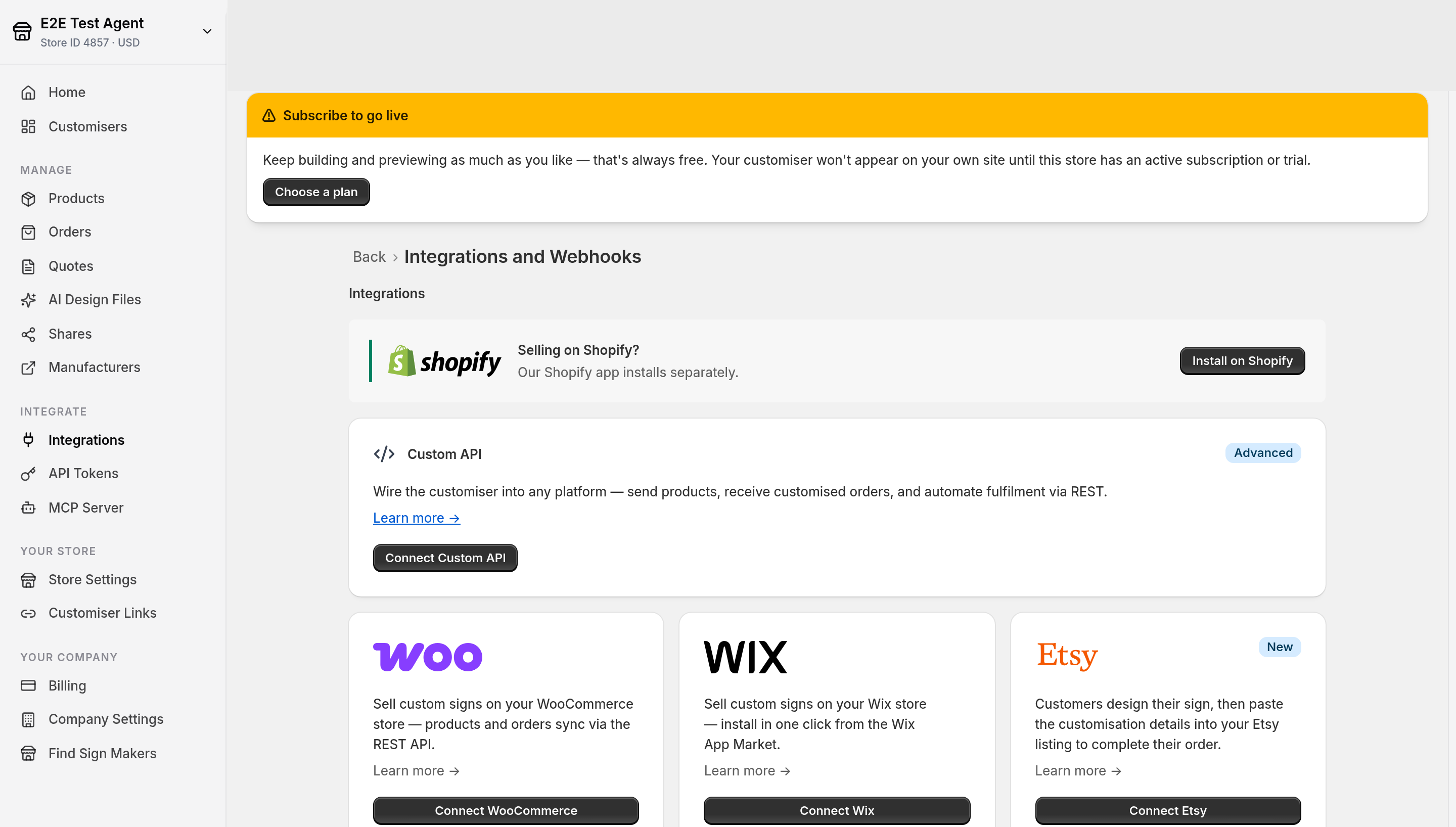The Integrations and Webhooks page with Integrations highlighted in the left menu and the Etsy card with a Connect Etsy button.