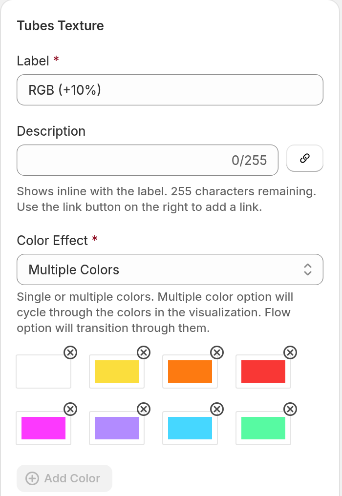 The colour editor with Label, Description, Colour Effect set to Multiple Colours, several colour swatches and the Add Colour button