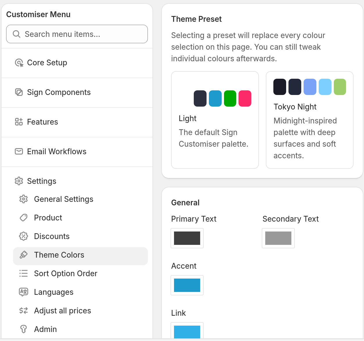 Customiser Menu with Settings open and Theme Colours selected, next to the Theme Preset cards Light and Tokyo Night and the General colour fields