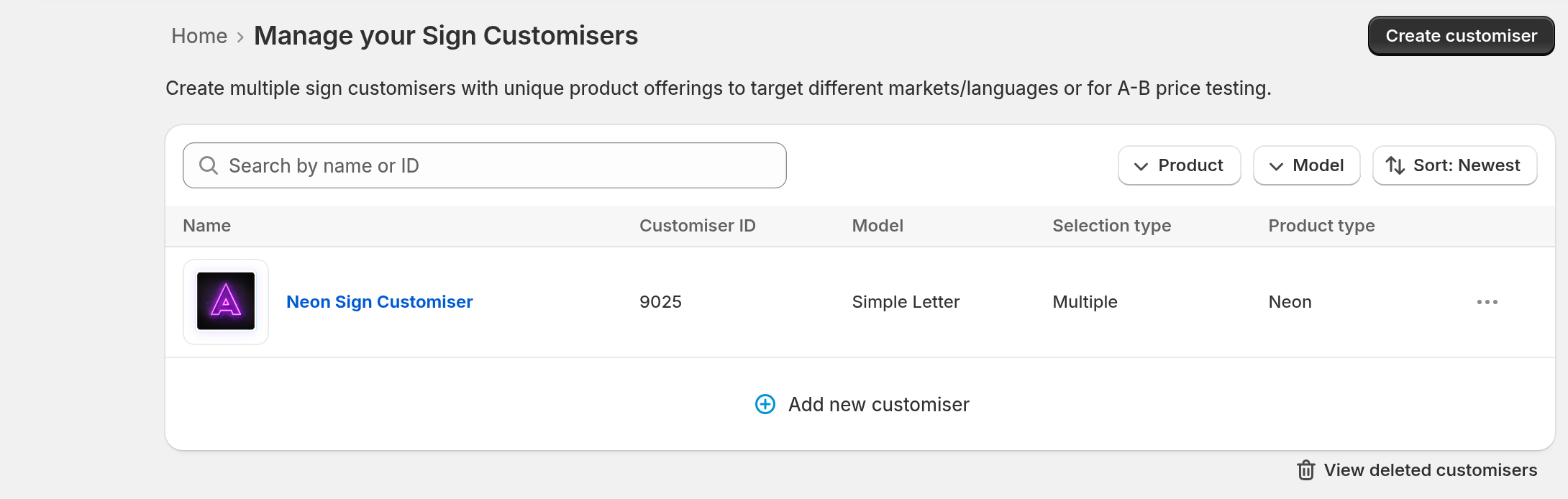 Manage your Sign Customisers list with the Neon Sign Customiser row