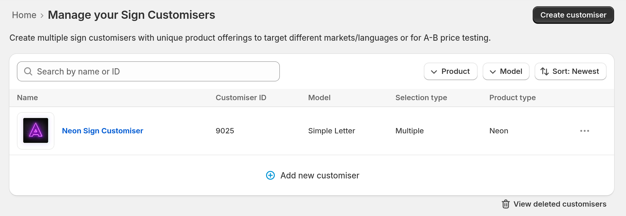 The Customisers page in the Sign Customiser admin. The table has a Customiser ID column that shows 9025 for Neon Sign Customiser.