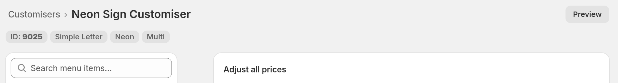 Customiser page in a narrow admin window with the Preview button in the top-right corner