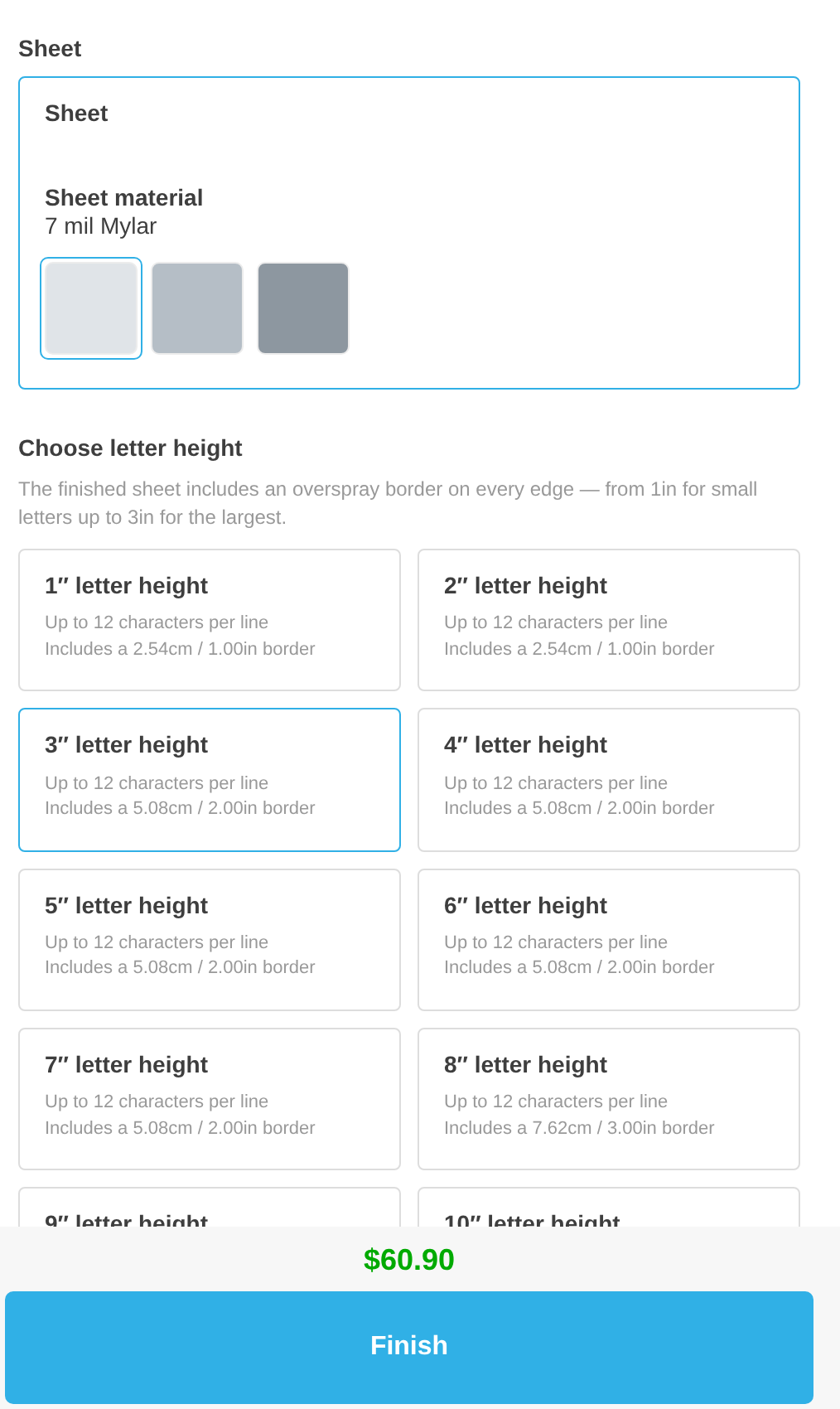 The stencil customiser sidebar with the Sheet material choices and the Choose letter height options