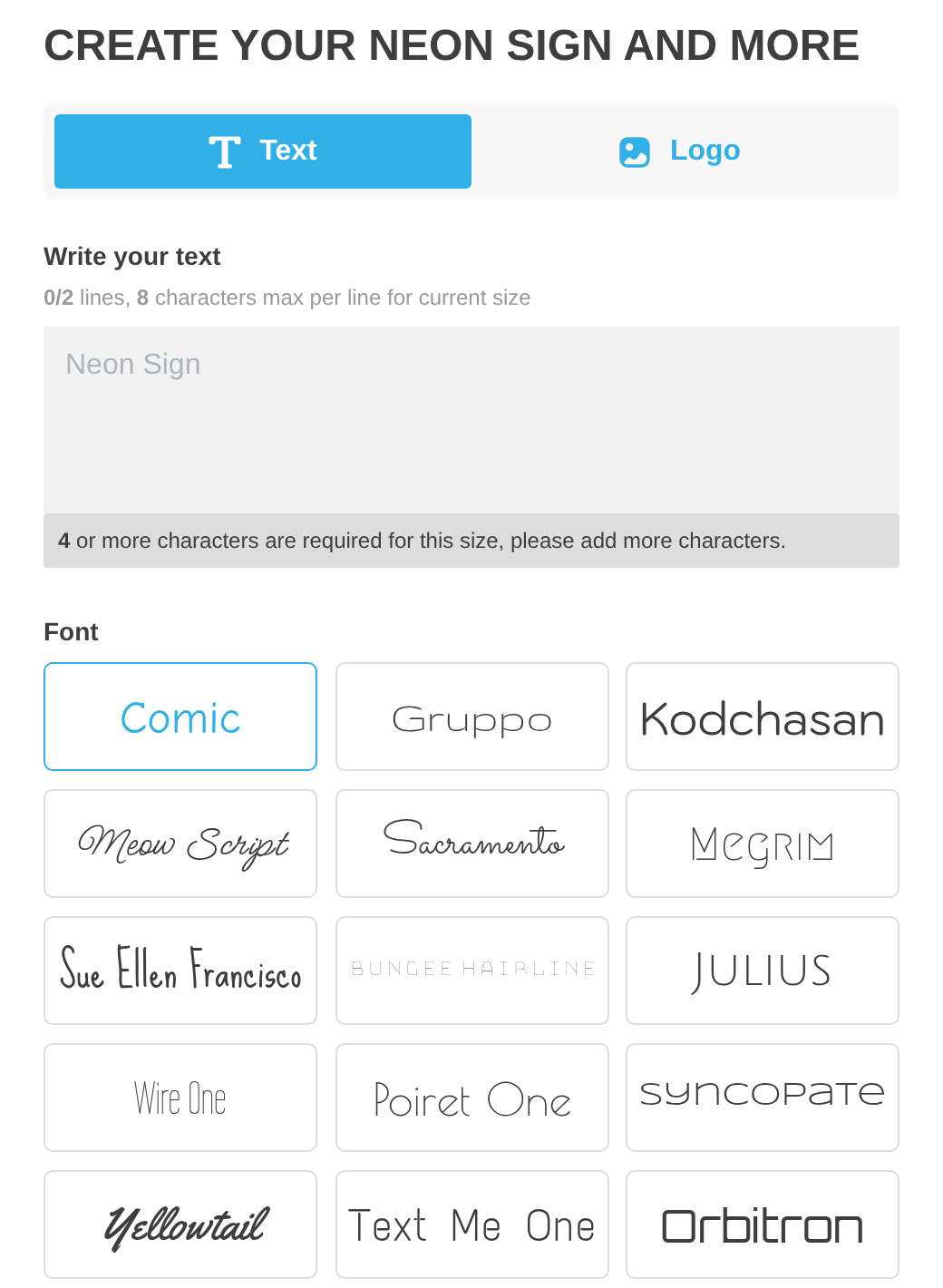 The Text step of a neon sign customiser with the Write your text box and the Font grid