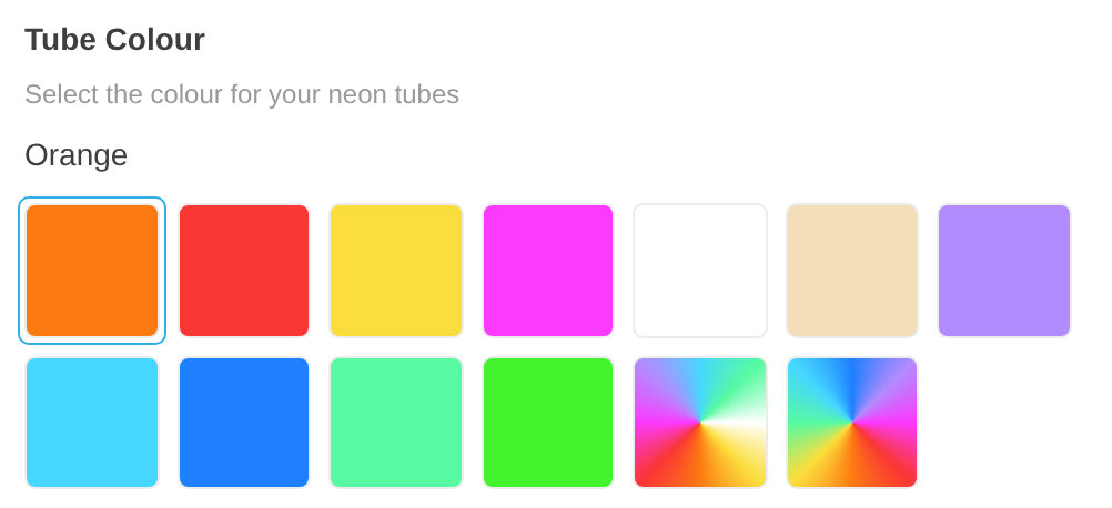 The Tube Colour step in the customer customiser with the Orange swatch selected by default.