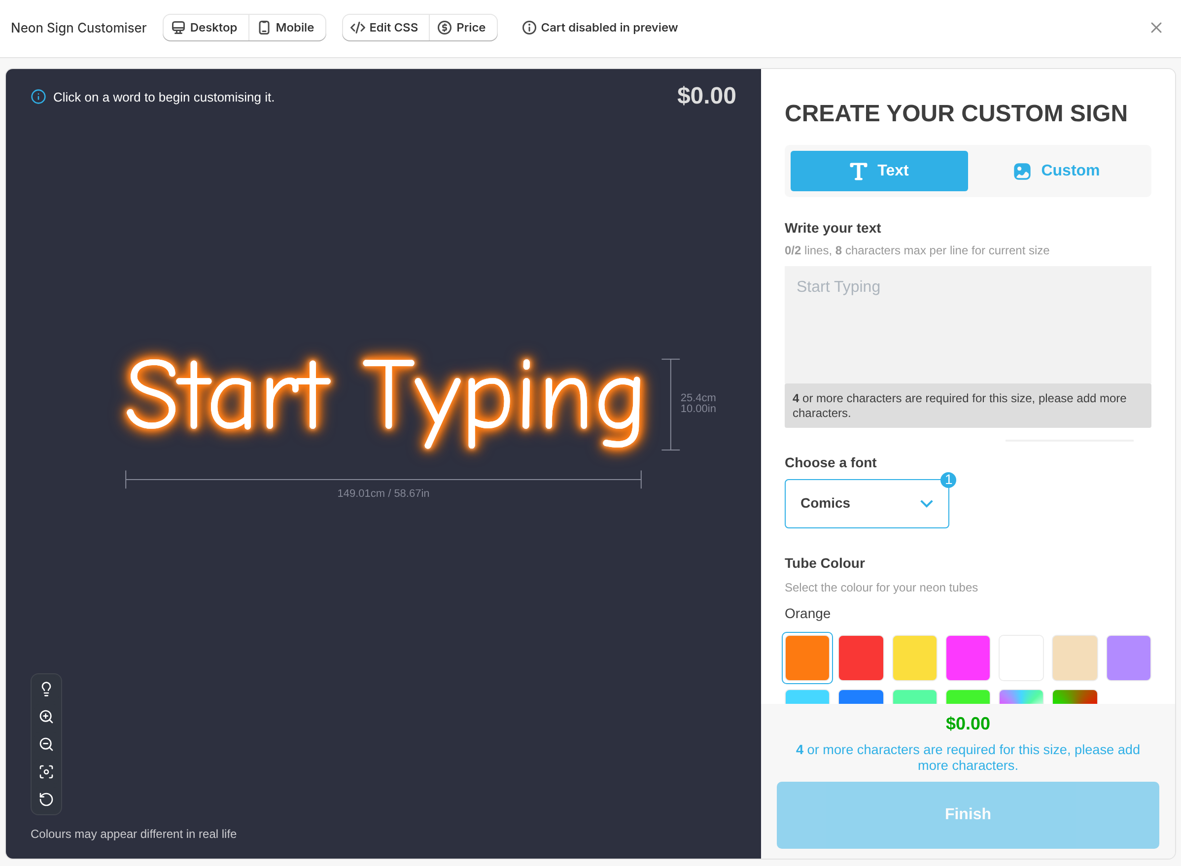 Full-screen customiser preview with the toolbar showing Desktop, Mobile, Edit CSS, Price and Cart disabled in preview