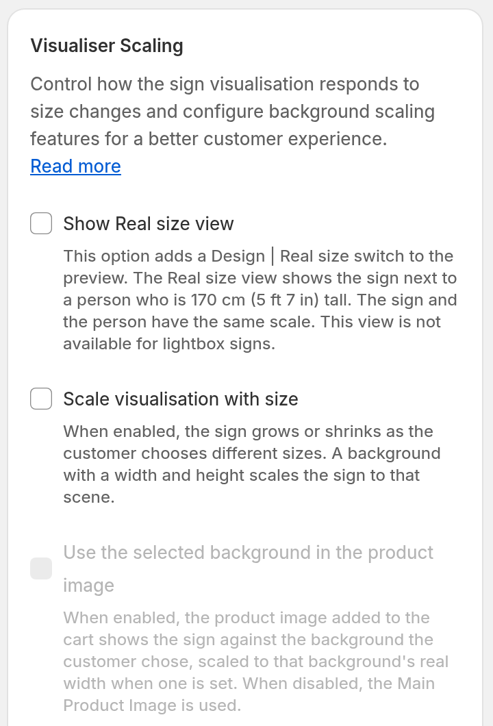 Visualiser Scaling card on the Images page with the Show Real size view and Scale visualisation with size checkboxes