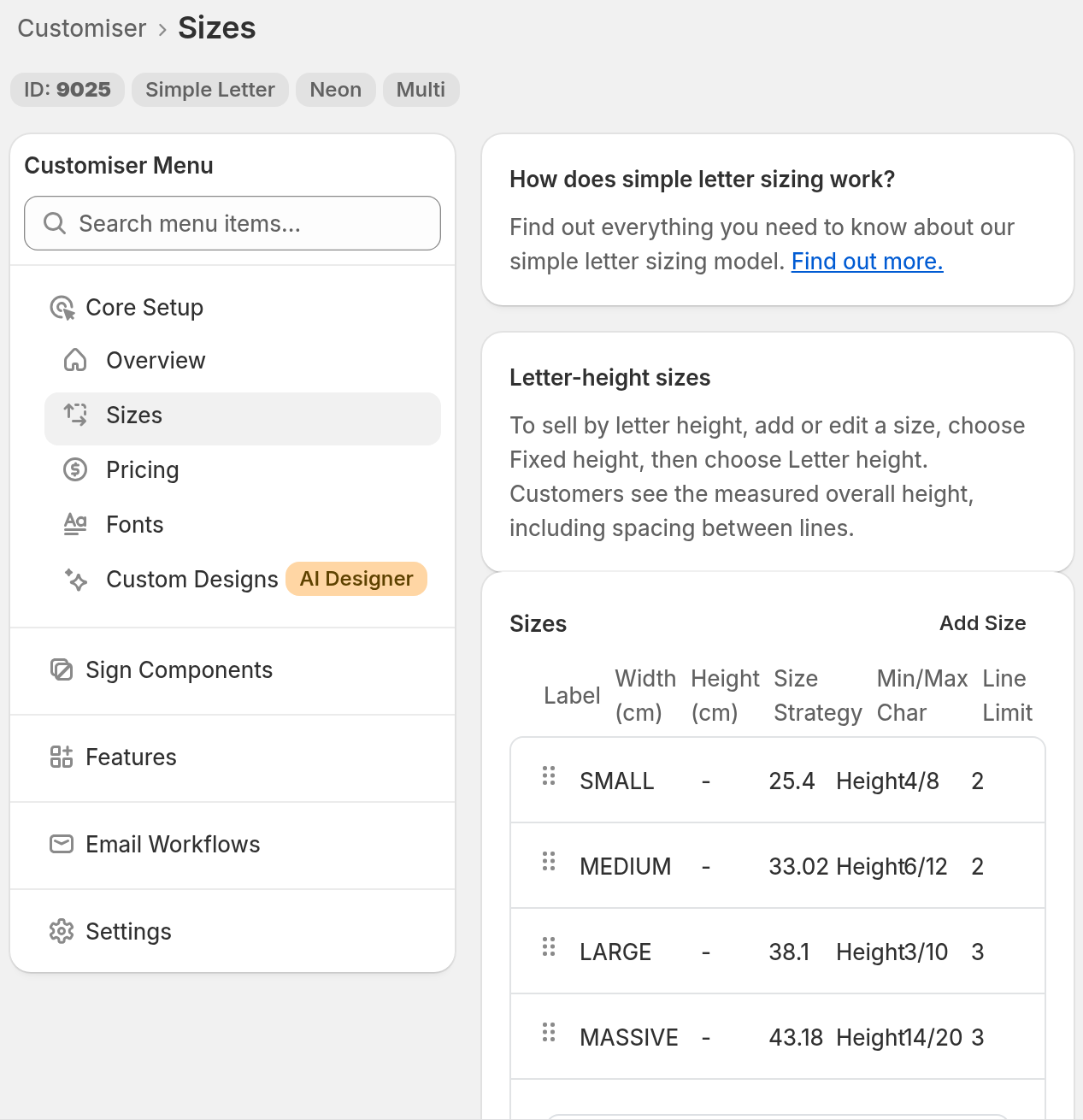 The Sizes page of a Simple Letter customiser with the Add Size button above the size table