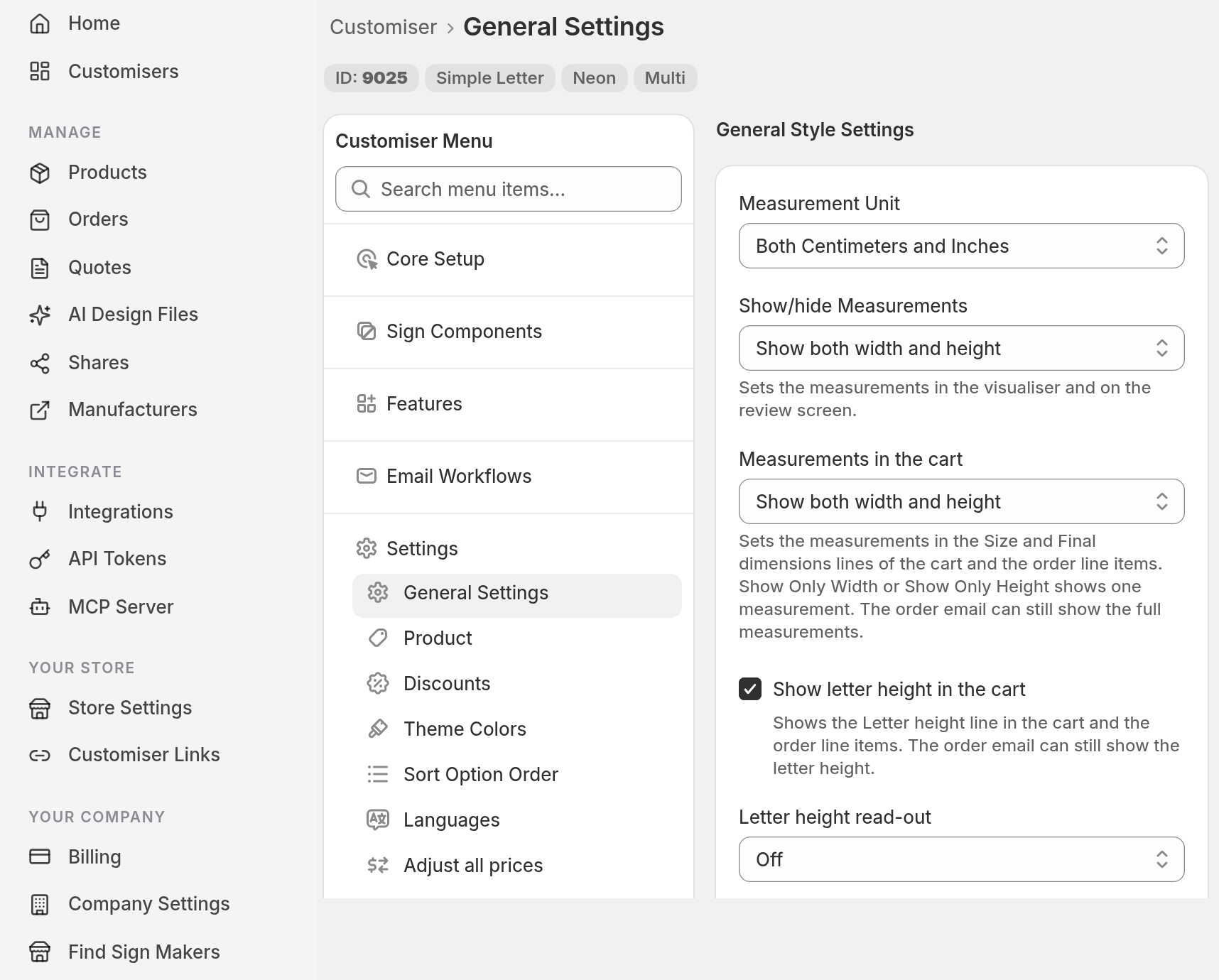 General Settings page with the Customiser Menu on the left, Settings expanded and General Settings highlighted