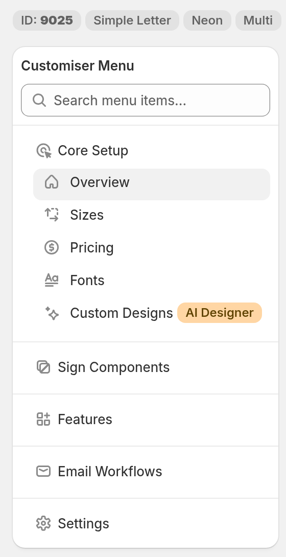 Customiser Overview page with the ID: 9025 chip under the customiser name and the Customiser Menu with Overview selected