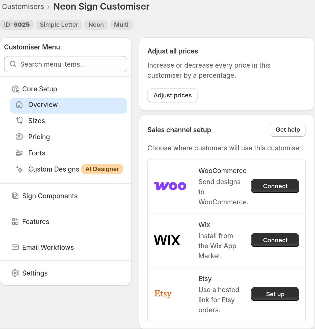 A customiser page header with the ID chip and pricing model chip, and the Pricing item in the Customiser Menu