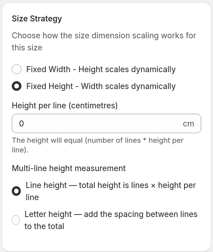 The Size Strategy card with Fixed Height selected and the Multi-line height measurement options, Line height selected