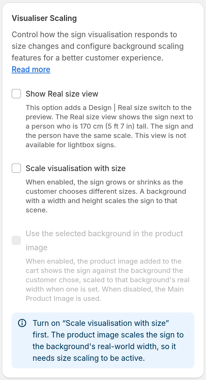 The Visualiser Scaling card with the Scale visualisation with size and Use the selected background in the product image check boxes