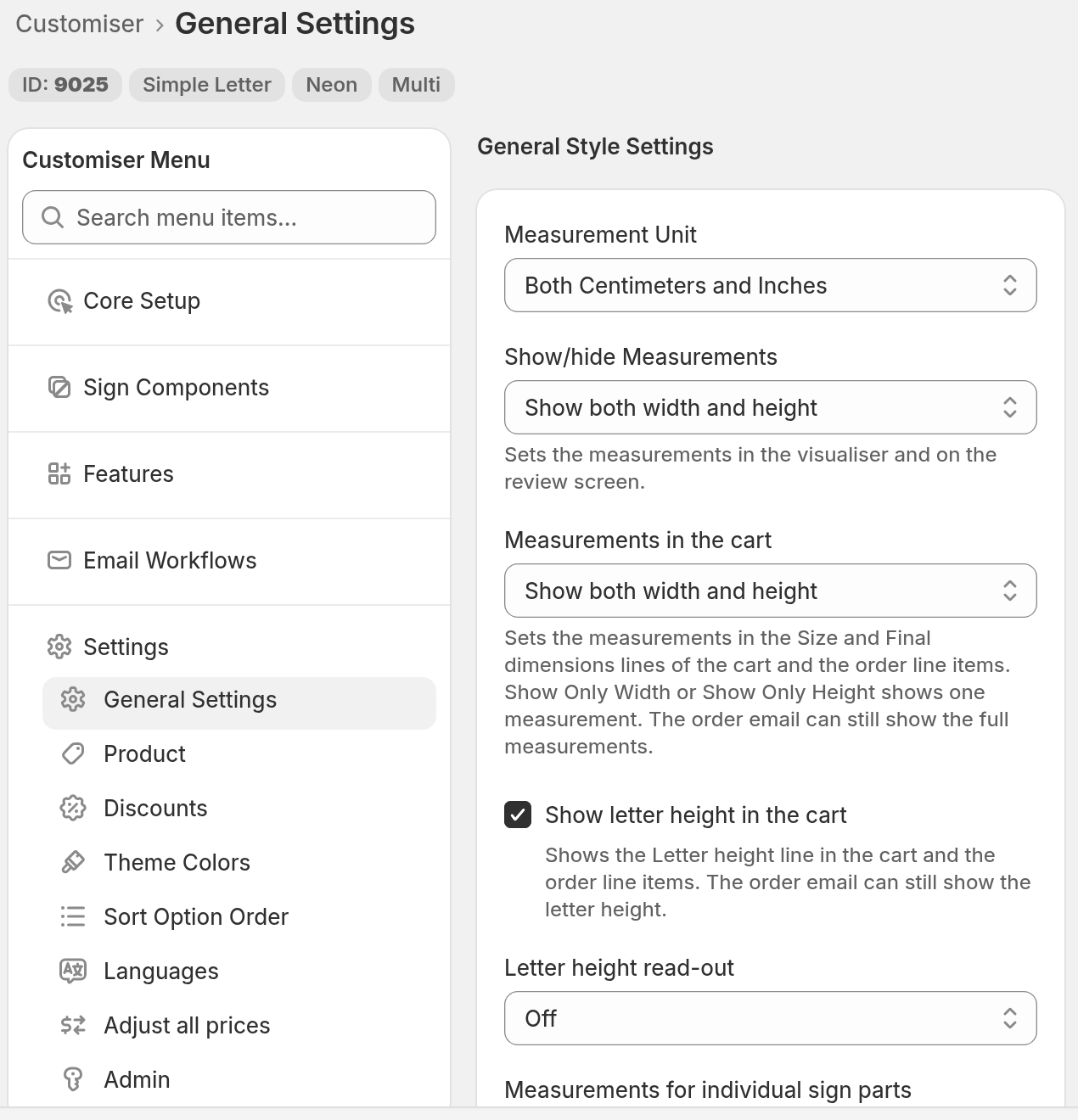 Customiser Menu with Settings expanded and General Settings selected