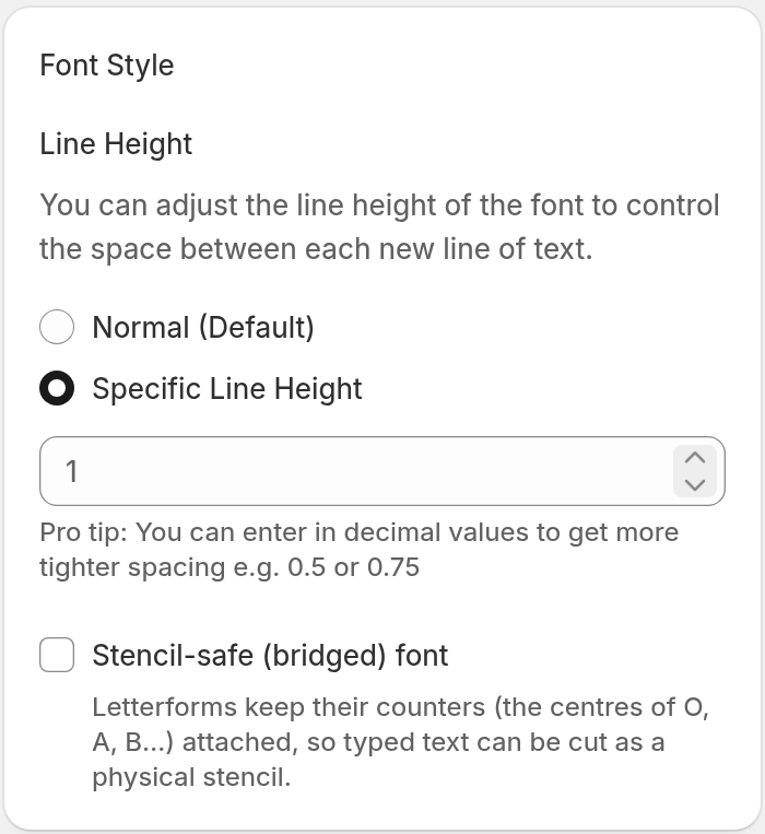 The Font Style card with the Line Height options and the Stencil-safe (bridged) font checkbox