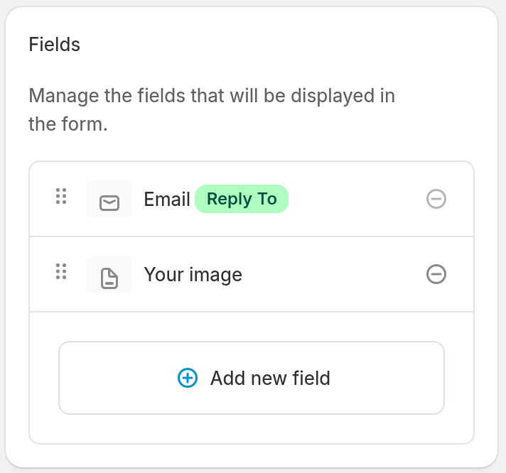 The Fields card of a custom design form. The list shows an Email field and a File Upload field, with the Add new field button below.