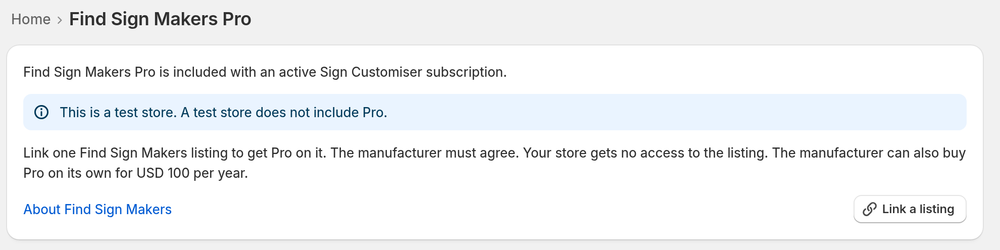 The Find Sign Makers Pro page in the Sign Customiser admin, with the Link a listing button