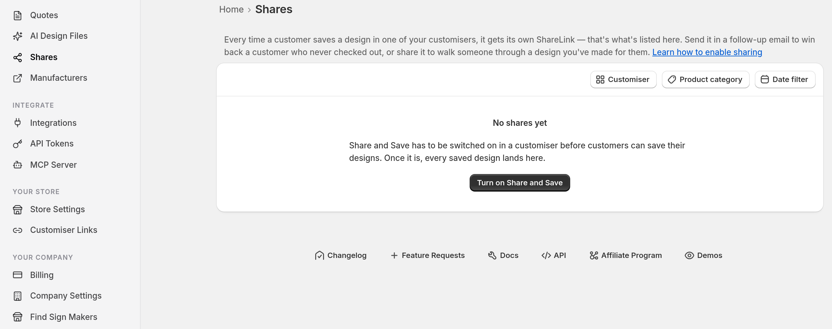 Shares in the Universal admin sidebar, with the No shares yet empty state