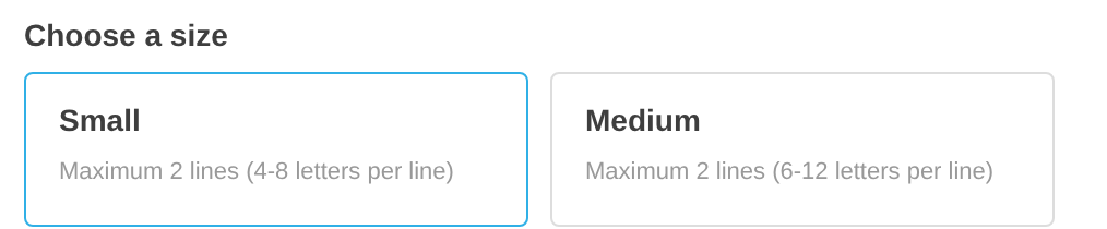The Choose a size section of the customer customiser with one size card selected
