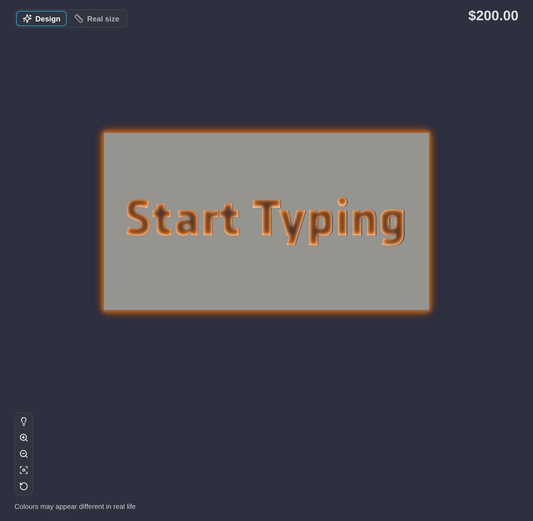 A metal cut-out sign reading Start Typing with an orange backlight glow around the panel edge and inside the letters.