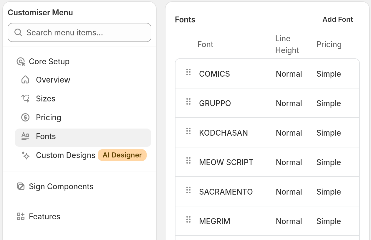 The Customiser Menu with Core Setup, Fonts selected, and the Fonts card with the Add Font button