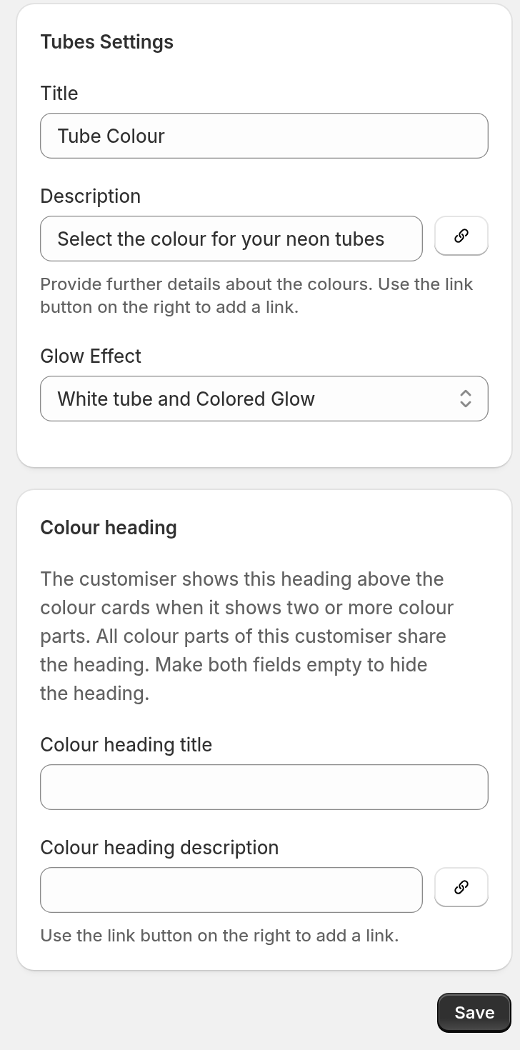 Tubes Settings card on the Tube Colours page