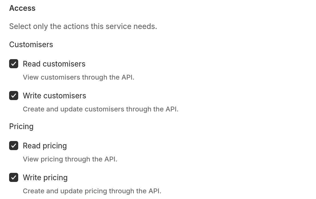 The Access list on the Create API key page with the Pricing group showing the Read pricing and Write pricing checkboxes