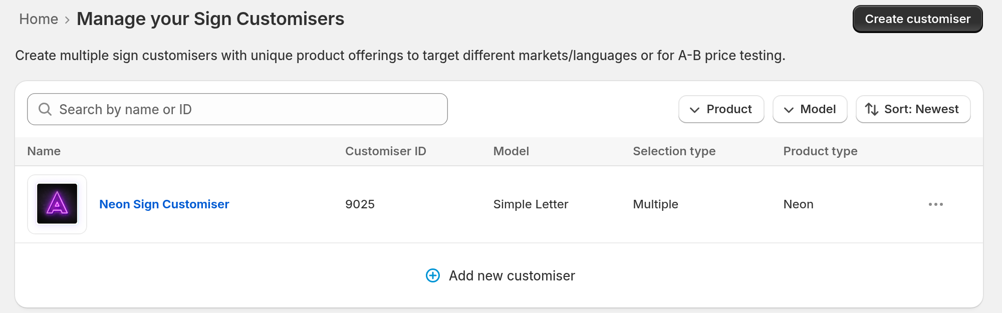 Customisers list in the Sign Customiser admin with the Customiser ID column showing 9025 for Neon Sign Customiser