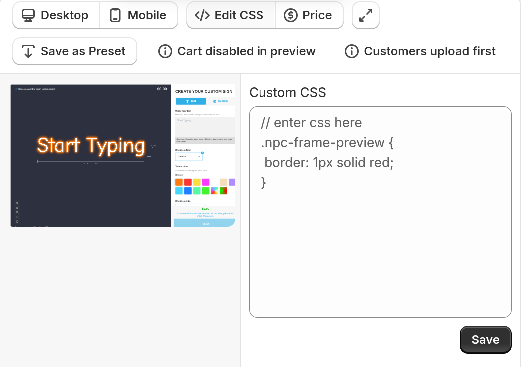 The Edit CSS panel open next to the customiser preview in the admin.