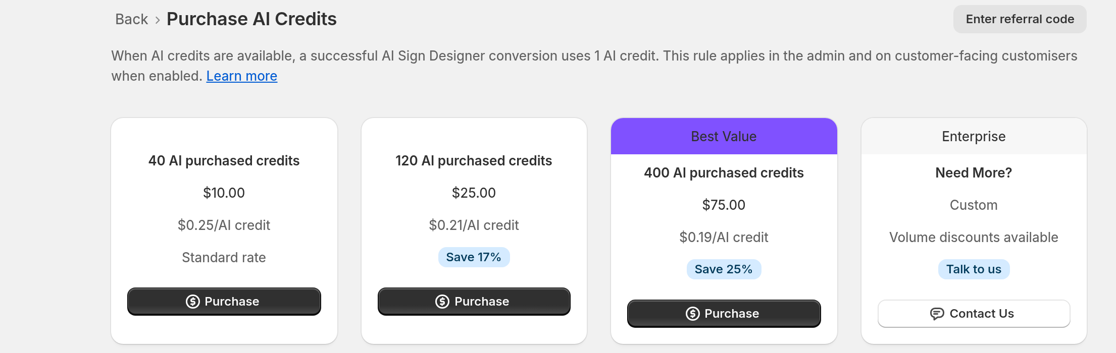 The Purchase AI Credits page with 40, 120 and 400 AI purchased credit packs, price per credit, and an Enterprise card