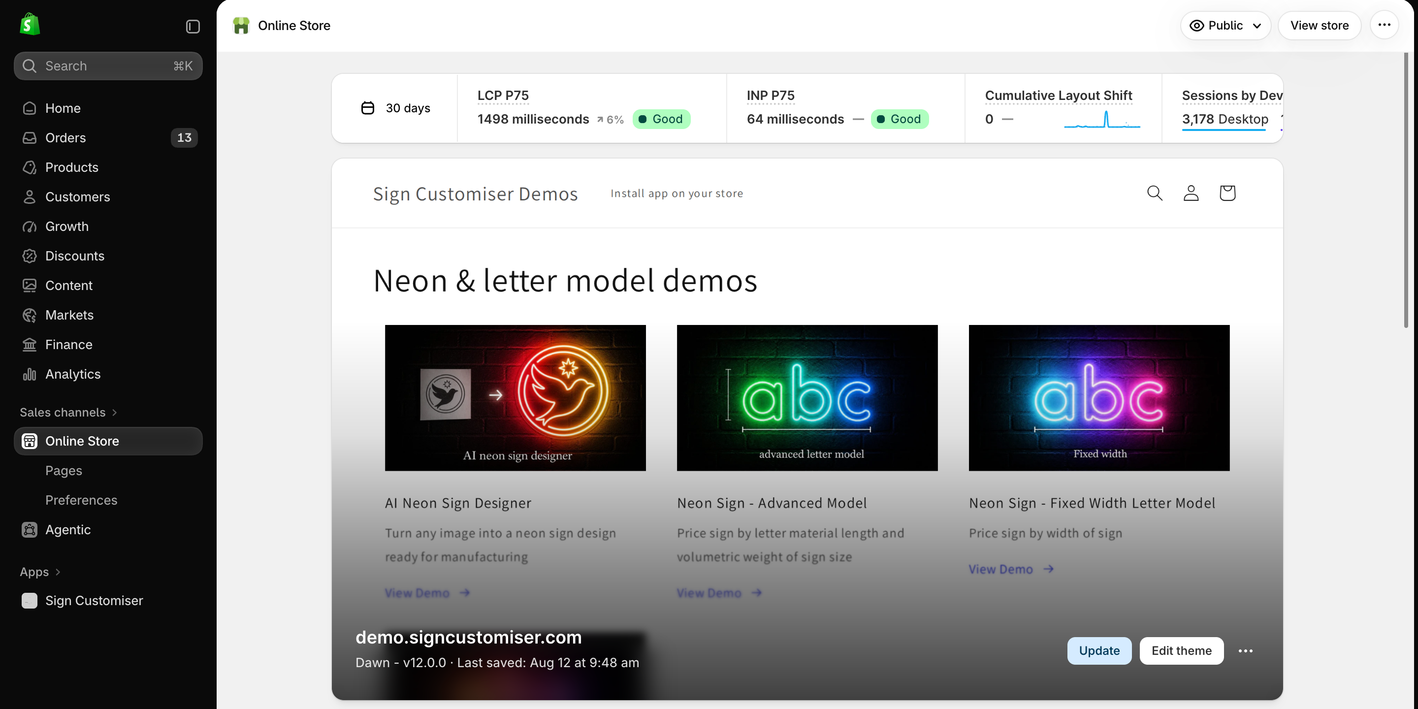 The Online Store Themes page in Shopify admin. The current theme card shows the Edit theme button.
