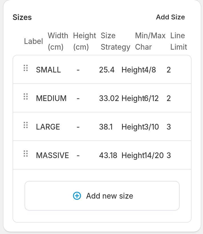 The Sizes page in the merchant admin with a list of sizes and the Label column
