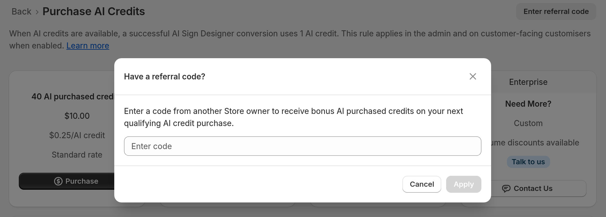 The Have a referral code dialog with a Referral code field and Apply button